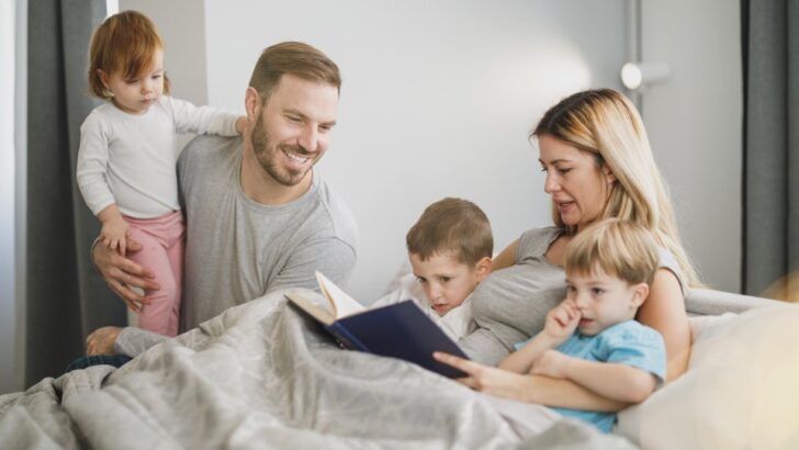 Family settling into a calm screen-free afternoon at home